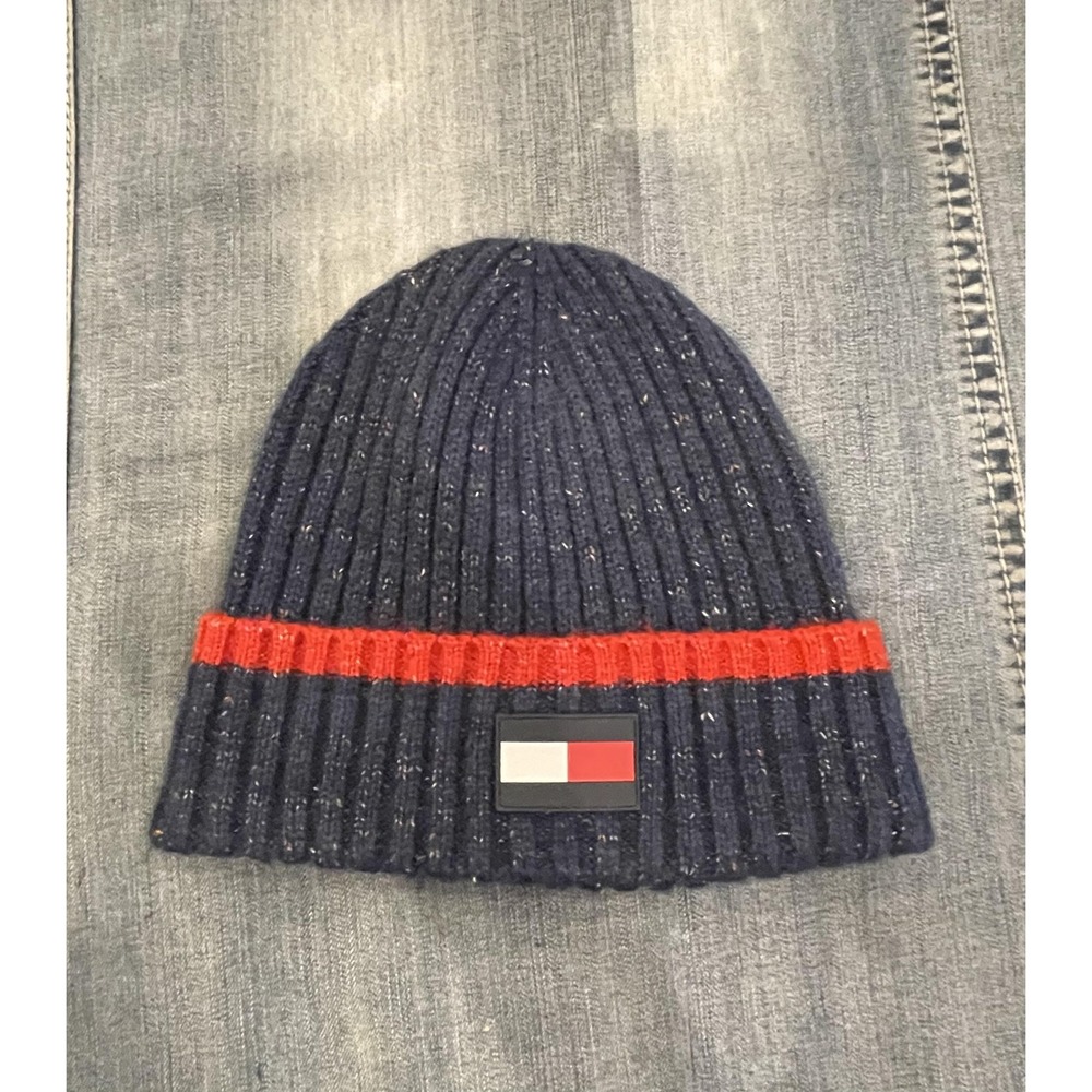 Tommy Hilfiger Hat Beanie Fitted Mens Navy Red Ribbed Knit Logo Winter Speckled